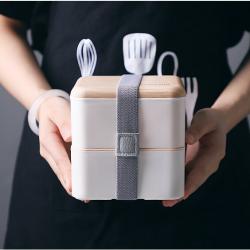 Two Tier Wooden Lid Lunch Box Square